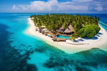 Breathtaking aerial view of Maldives paradise and beach, invoking travel and vacation. Generative AI