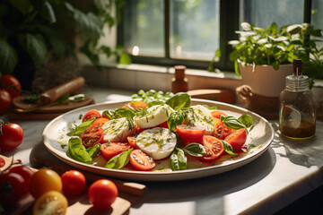 a fresh Italian salad of tomato, mozzarella and basil in a warm rustic kitchen, caprese salad