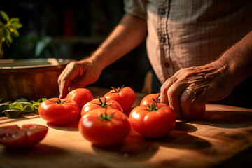 A farm hand gently places  freshly harvested tomatoes in a rustic kitchen.