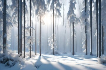  3D rendering of a cold winter morning in the forest, with snow-covered trees, soft sunlight, and a tranquil, snowy landscape.