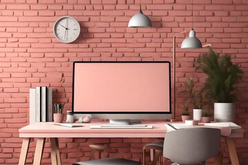  3D image featuring a study table complemented by a rustic brick pink wall, combining warmth and style for an appealing and creative study environment.