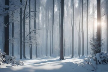  3D rendering of a cold winter morning in the forest, with snow-covered trees, soft sunlight, and a tranquil, snowy landscape.