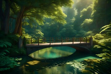 forest scene with a charming bridge amidst lush greenery, capturing the beauty of nature in its full splendor.