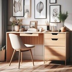 Transform your home office into a stylish and functional space with a wooden drawer writing desk and a comfortable fabric chair. The modern Scandinavian design