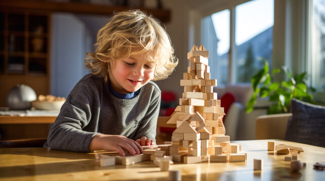 Boy with blue eyes building wooden block tower indoors, daylight.
