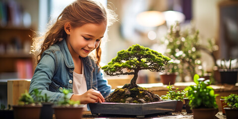 Redhead girl planting bonsai in miniature zen garden