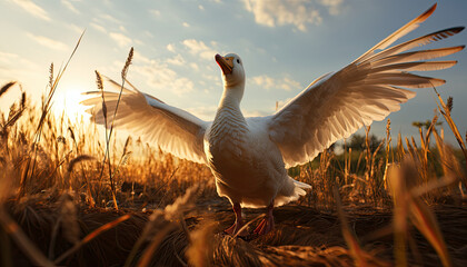 Graceful Goose in Golden Light - obrazy, fototapety, plakaty