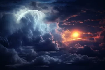 Fotobehang Luminous moon amidst dramatic midnight clouds. Generative AI © Ainsley