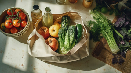 top view kitchen counter grocery bag fresh food 8k sh, generative ai - obrazy, fototapety, plakaty