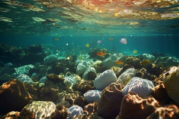 Naklejka na ściany i meble Underwater view of ocean stones illuminated by sunlight. Generative AI