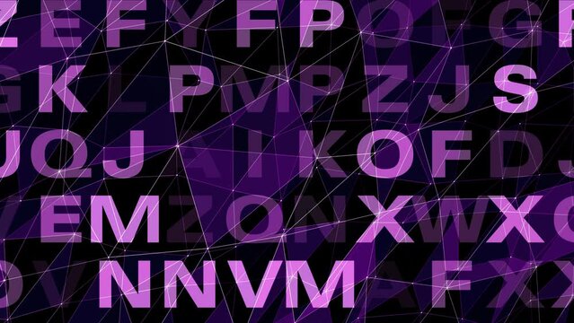 Abstract composition moving letters and random characters bring artistic disorder to design. Dynamic letters and connected shapes abstract text unravels visual concept of connection