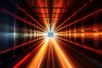 A digital tunnel with light trails symbolizing global data processing. Generative AI