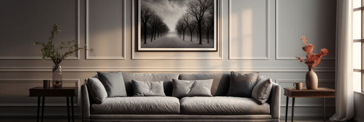 Part of home interior banner, sofa near wall, picture frames, light and shadow from window