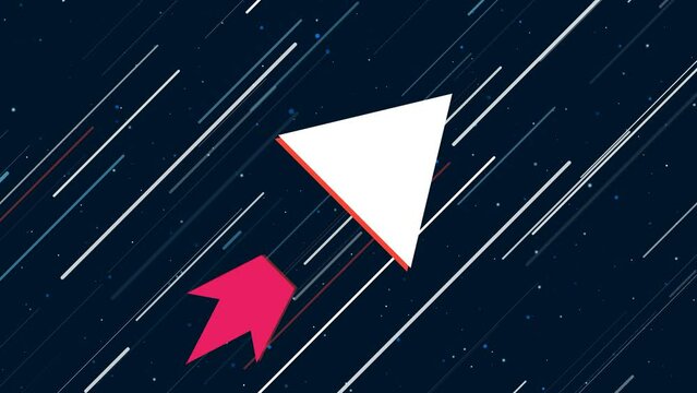 Triangle symbol flies through the universe on a jet propulsion. The symbol in the center is shaking due to high speed. Seamless looped 4k animation on dark blue background with stars