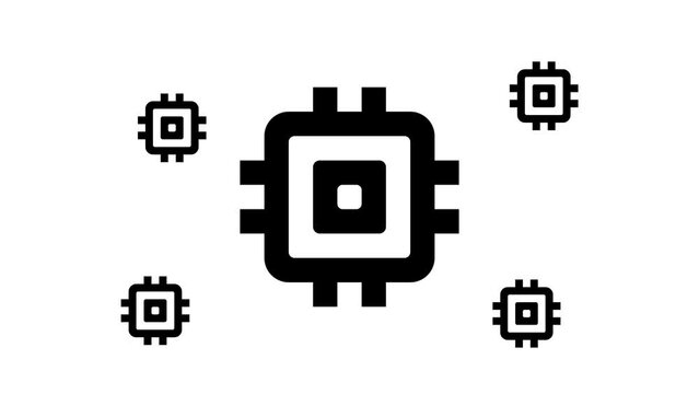 Zoom in and out animation the chip symbol. Large black symbol in the center and four small symbols around. Seamless looped 4k animation on white background