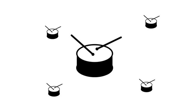 Zoom in and out animation the drum symbol. Large black symbol in the center and four small symbols around. Seamless looped 4k animation on white background