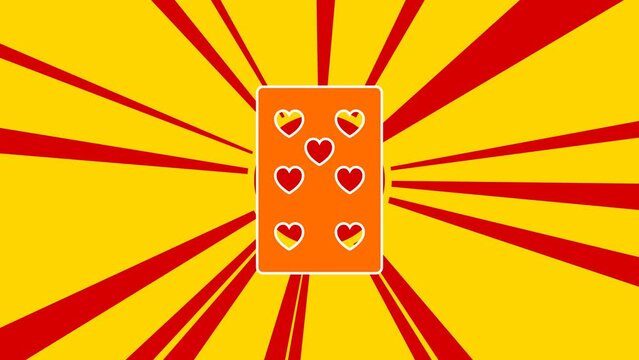 Seven of hearts playing card on the background of animation from moving rays of the sun. Large orange symbol increases slightly. Seamless looped 4k animation on yellow background