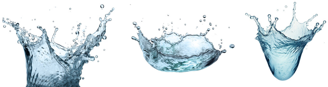 Water splash set isolated on transparent background, blue liquid crown wave swirl drops, shiny clear soda juice splashing fluids droplets, design element fresh drink, beverage, falling, pour bubbles
