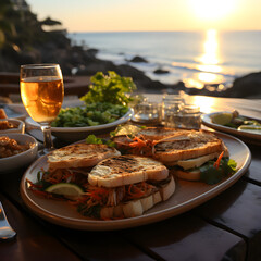 banh mi against the background of the beautiful coast of Wietnam at sunset on the restaurant terrace - obrazy, fototapety, plakaty