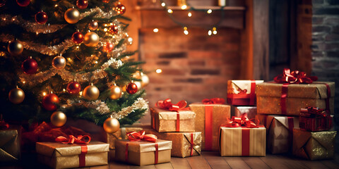 Naklejka na ściany i meble Christmas decorations, decorated tree and gifts
