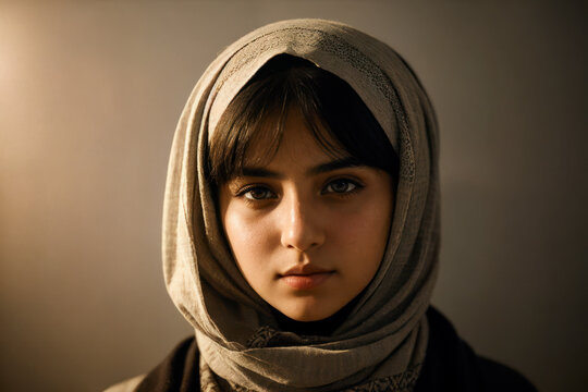 Portrait of the of the very young Middle Eastern girl wearing keffiyeh, traditional clothing