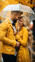 Young couple hugging, laughing and enjoying a rainy day covering themselves with an umbrella. Striking yellow clothing. Love concept in autumn