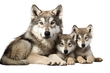 Fototapeta premium Gray Wolf and Her Pups on isolated background