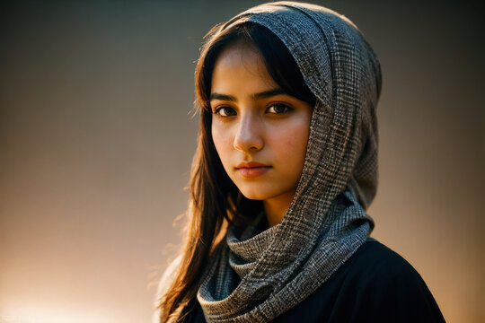 Portrait of the of the very young Middle Eastern girl wearing keffiyeh, traditional clothing