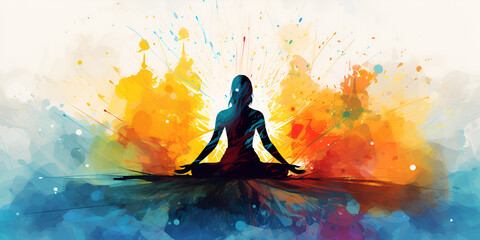 Colorful abstract background with woman doing yoga in lotus pose - obrazy, fototapety, plakaty