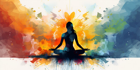 Colorful abstract background with woman doing yoga in lotus pose - obrazy, fototapety, plakaty