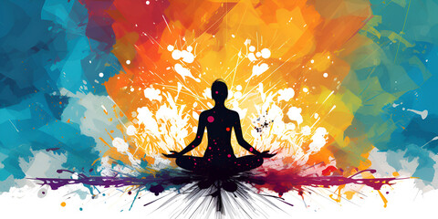 Colorful abstract background with woman doing yoga in lotus pose