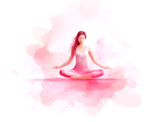 Pink abstract yoga background illustration with a woman in lotus pose  - obrazy, fototapety, plakaty