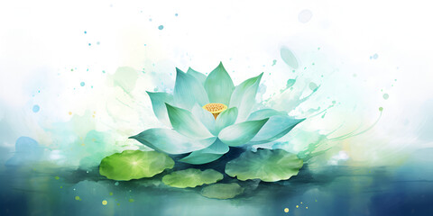 Watercolor illustration of green lotus flower, abstract background 