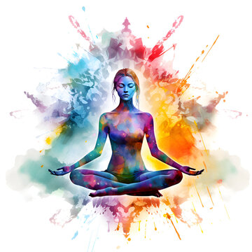 Colorful watercolor abstract background with woman doing yoga in lotus pose