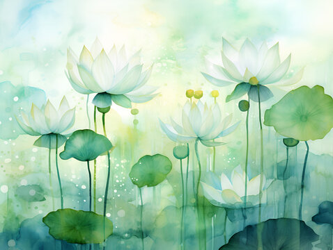 Watercolor illustration of green lotus flower, abstract background 