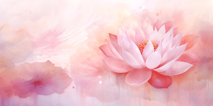 Watercolor illustration of soft pink lotus flower, abstract background 