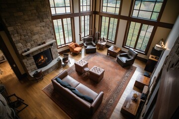 Bird's-eye view of cozy lounge space with seating and hearth, overseeing a wide scenic window. Generative AI