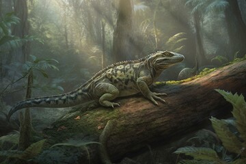 Ancient reptiles wander amidst forests. Generative AI