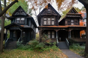 Fototapeta na wymiar Three spooky houses decorated for Halloween. Generative AI