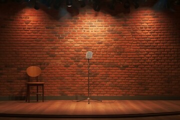 Background: comedy stage, brick wall. Concept: stand up open mic for monologue. Generative AI