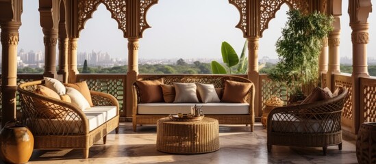 Arabic decor in modern apartment with open air terrace and wicker furniture With copyspace for text