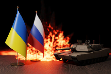 Ukrainian war, small flags of Ukraine and Russia with an explosion in the back and a tank on the right - obrazy, fototapety, plakaty