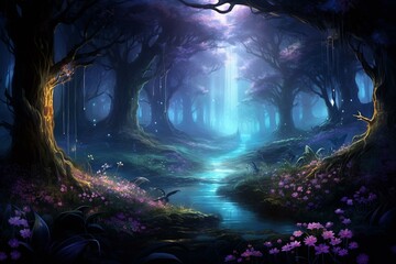 Mystical nocturnal forest with glowing flowers and ethereal light, filled with mesmerizing flora and captivating darkness. Generative AI