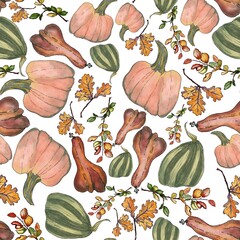 seamless pattern with autumn harvest of leaves and pumpkins, watercolor pumpkins , hand painted botanical illustration, fabric textile pattern