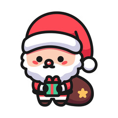 Santa Claus character cute mascot with bag and presents on white background. Merry Christmas and Happy New Year holidays symbol. Winter, xmas. Outline flat and colored style vector illustration.