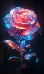 An isolated golden red rose glowing luminously in neon light blue, surrounded by an atmosphere of mysticism, evoking feelings of awe and deep admiration. Generative AI.