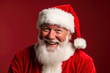 Close up face elderly man with gray beard in Santa Claus costume laughs, rejoices, smiles on plain red background. Merry new year, christmas, holiday. Funny happy Santa Claus