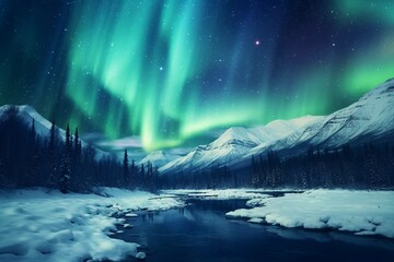 Northern lights in the mountains. Beautiful winter night landscape. Aurora Borealis.