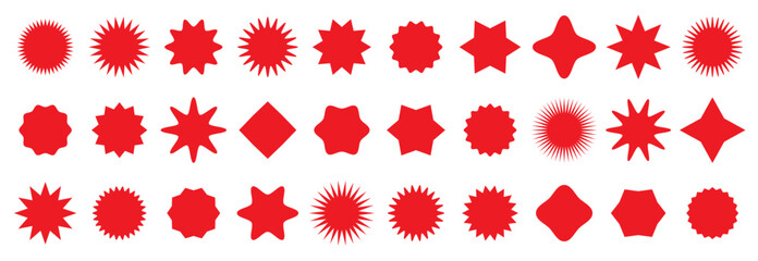 Set of red starburst. Price sticker, sale sticker, price tag, starburst, quality mark, retro stars, sale or discount sticker, sunburst badges, sun ray frames, shopping labels.