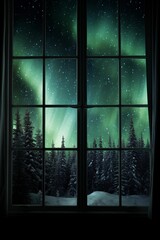 View of the northern lights in the winter forest from the house window. Aurora Borealis.